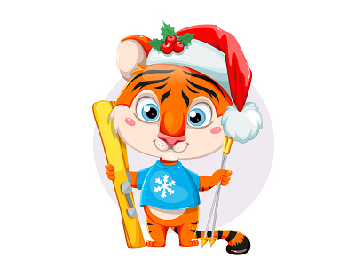 Little cartoon tiger with skis