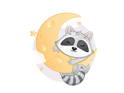 Little raccoon sleeping on the moon animal baby raccoon cartoon cartoon character character illustration little raccoon moon raccoon