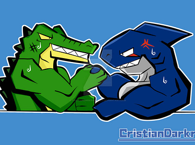 Crocodile vs Shark in Arm Wrestling digital art graphic design