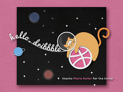 Hello Dribbble cat debut first hello illustration invite space