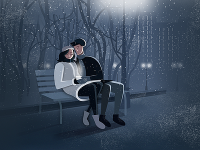 Romantic winter date city drawing graphic illustration love night noise park winter