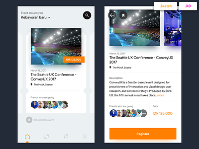 Eventbrite Redesign Concept - Free Sketch and XD Files app card detail event freebies orange ui