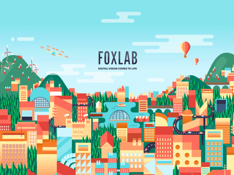 Foxlab Agency homepage illustration & animation animation balloon buildings cars city clouds drone flat loop motion town
