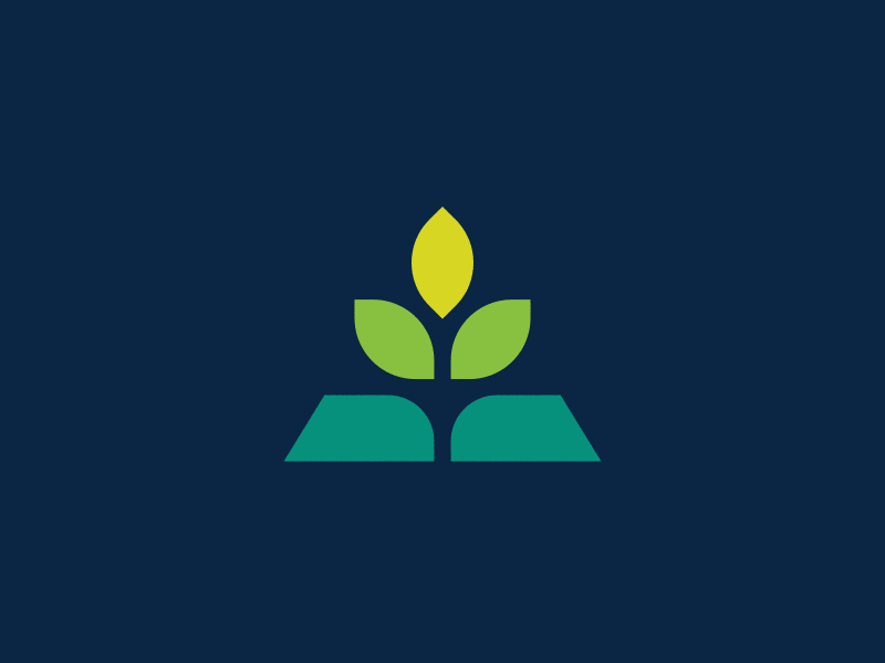 Knowledge Farm Logo Concept Option 1 blue book branding education graphic design green grow growing growth knowledge leaf leaves logo plant triangle