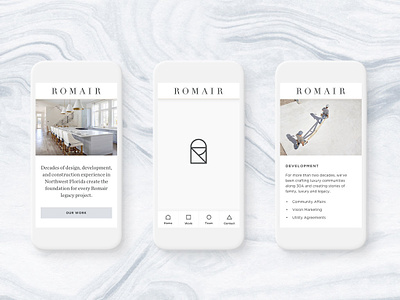 Romair Mobile Screens branding digital interactive luxury mobile real estate refined responsive uidesign website