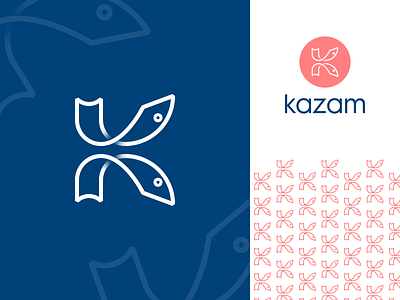 K fish - Kazam logo design branding design dive eye fish fisherie gedas meskunas glogo icon illustration jump k letter logo monogram ocean sea tail vector