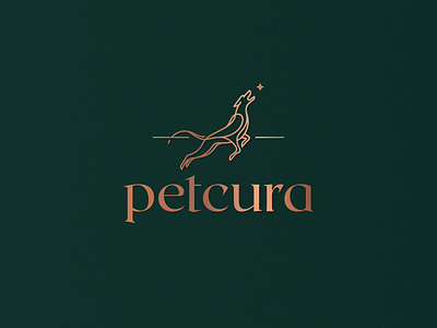 Petcura logo Design animal bag branding care design dog food gedas meskunas glogo greyhound icon illustration jump lineart logo metalic pet toy vector vet