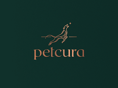 Petcura logo Design animal bag branding care design dog food gedas meskunas glogo greyhound icon illustration jump lineart logo metalic pet toy vector vet