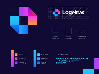 Logelitas - logistic company logo explanation arrow branding cargo container continents design explanation gedas meskunas glogo gradient icon illustration letter logistic logo logo creation monogram transport workflow