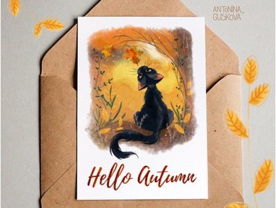 Аutumn postcard autumn cat character digital art illustration postcard procreate