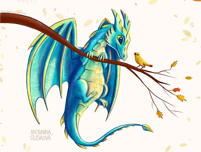 Autumn postcard autumn character digital art dragon illustration postcard procreate