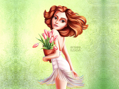 Summer girl character digital art flower illustration march 8th postcard procreate summer