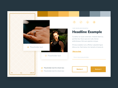 Style Exploration buttons chic color palette contrast design exploration form field gold style tile style tiles styleframe styleguide typography webdesign yellow