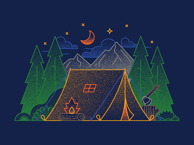 Camping fire camping fire grain illustration moon mountain outline trees woods
