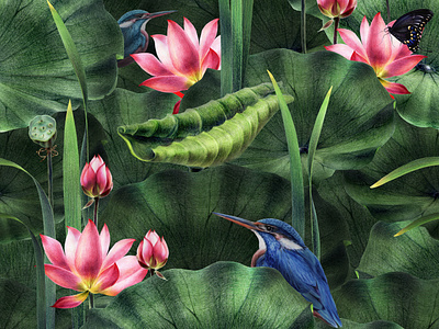 Illustration of a pond with pink lotuses and green leaves.