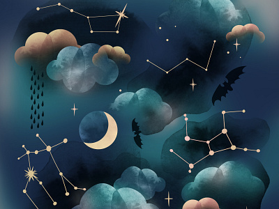 Illustration of the night sky. clouds constellations dark graphic design illustration milky way moon night sky stars рисунок