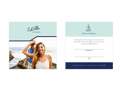 Cali Villa Photography Referral Program Card branding cali cali inspo california coastal collateral design icon illustration logo pastel photographer portrait photographer sailboat san serif script stationery swoone typography watermark