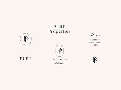 PURE Properties Brand Marks branding design icon logo monogram monogram design monogram letter mark monogram logo property management san serif script serif timeless logo design typography watermark