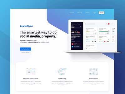 Social Media Website Design - SmarterQueue agency blue engagement flat design homepage interaction page post product site social social media