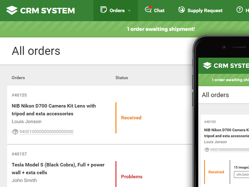 Orders Page for CRM postmail mail parcels orders crm