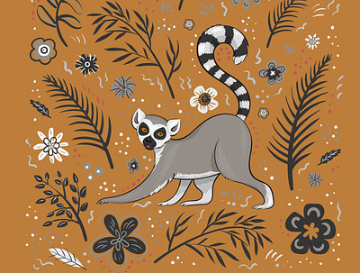 Vector lemur animal cute flowers illustration leaves lemur vector