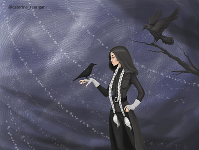 Maiden with ravens bird dark girl illustration light magic maiden night raven