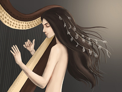 Maiden with an harpe dark girl hair harp illustration light magic maiden music