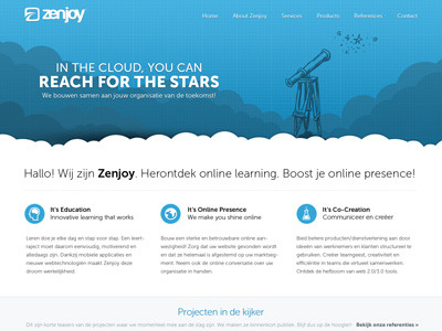 Zenjoy Redesign (WIP) blue cloud clouds design homepage icons menu navigation responsive rocket stars ui webdesign zenjoy
