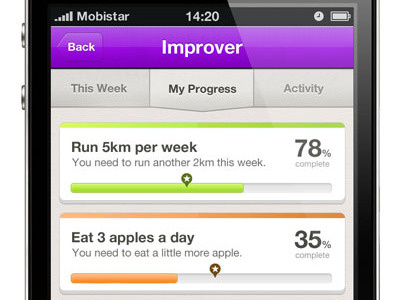 Improver Design app design interface ios iphone mobile pattern percentages progress progress bar purple retina tabs texture ui