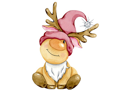 Watercolor winter deer with red hat. Christmas cartoon.