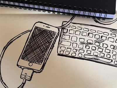 Sketch of Apple iPhone and Keyboard black ink handdrawn illustration monochrome pen sketch