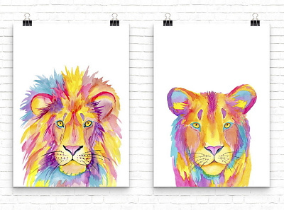 Watercolor lion and lioness art animal art clipart colorful face head lion lioness painting print sublimation wall art watercolor