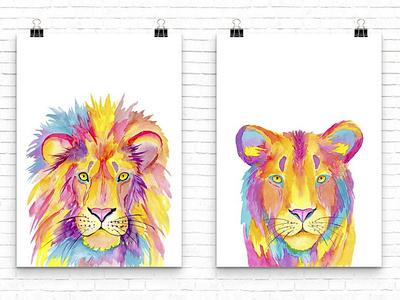 Watercolor lion and lioness art