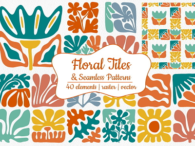 Modern Floral Tiles - Matisse Style black boho botanical colorful design digital paper floral flowers geometric illustration matisse seamless patterns shapes terracotta tiles vector