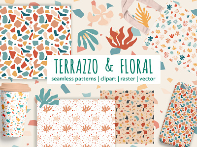 Terrazzo Seamless Patterns & Clipart abstract blue boho floral flower geometric illustration leaves modern pattern seamless terracotta terrazzo vector