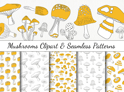 Yellow Mushrooms Clipart & Seamless Patterns botanical clipart digital paper food illustration line art mushroom seamless pattern vector yellow