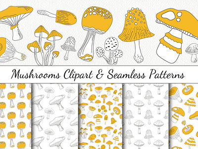 Yellow Mushrooms Clipart & Seamless Patterns