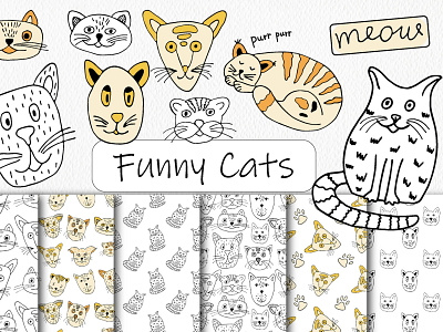 Funny Cats Seamless Patterns & Clipart