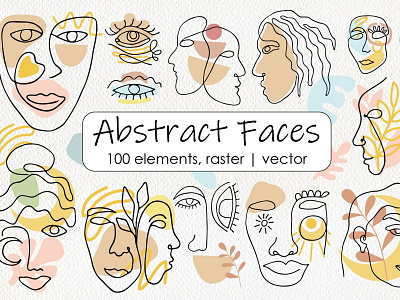 Abstract Boho Faces Collection abstract black outline bohemian boho clipart eyes faces geometric illustration line art modern pastel portrait shapes vector women