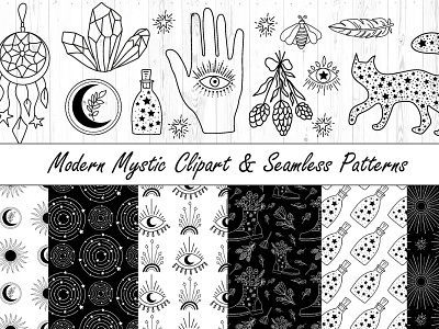 Mystical Set - Celestial Sun & Moon Clipart black outline boho cat celestial clipart illustration line art magic moon moon phases mystical pattern seamless stars sun vector witchcraft witchy