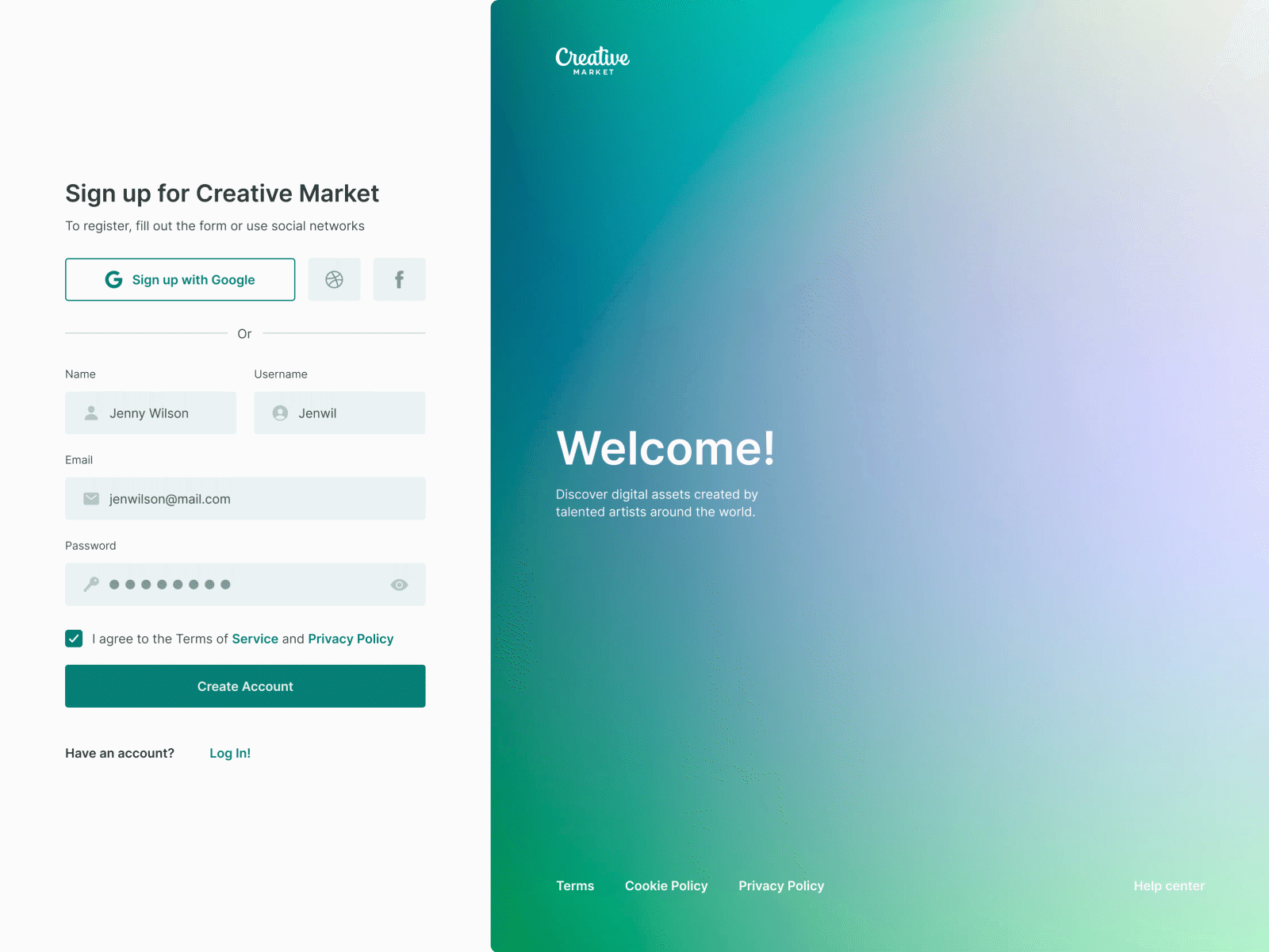 Redesign Concept for Creative Market – Sign Up, Log In buttons checkbox component library components concept design system figma forms gif inputs log in password redesign registration reset password sign up ui ux