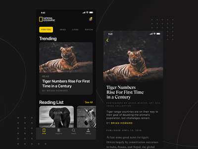National Geographic - Mobile App Redesign app application clean ui design mobile mobile app mobile ui natgeo national geographic redesign tiger typogaphy ui ui design user experience user interface ux ux design