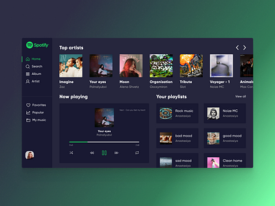 Spotify redesign concept album artist bleu dark dashboard green music play radio singer song spotify ui web website