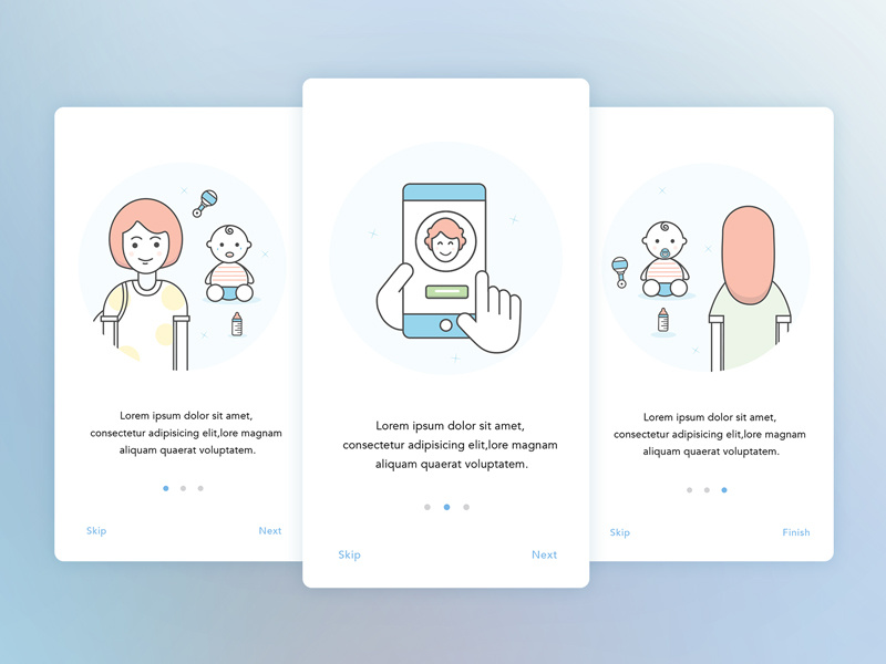 DOOBI App onboarding walkthrough ui soft mobile ios interface illustrations icons blue app android