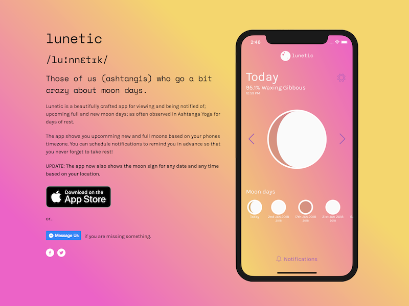 Lunetic moon days app; website by Jørn Andre Tangen on Dribbble