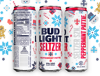 Bud Light Seltzer Ugly Sweater Pack-Can Detail bud light can design candy cane hard seltzer holiday knit packaging peppermint seltzer snowman sweater ugly sweater