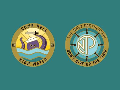 Partnership Challenge Coin blue challenge coin coin come hell or high water gold navy octopus ship sun water yellow