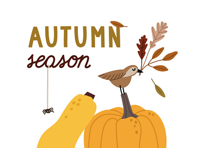 Autumn season card. autumn bird card fall garden harvest illustration leaves lettering plant pumpkin season spider vector
