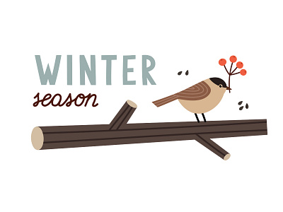 Winter card with tree branch, tit bird, and berries.