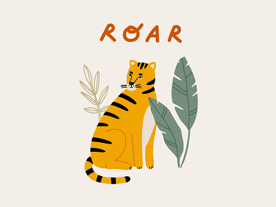 Yellow tiger, with lettering 'roar' and tropical leaves. animal asia illustration lettering mammal plant roar striped tiger vector wild cat